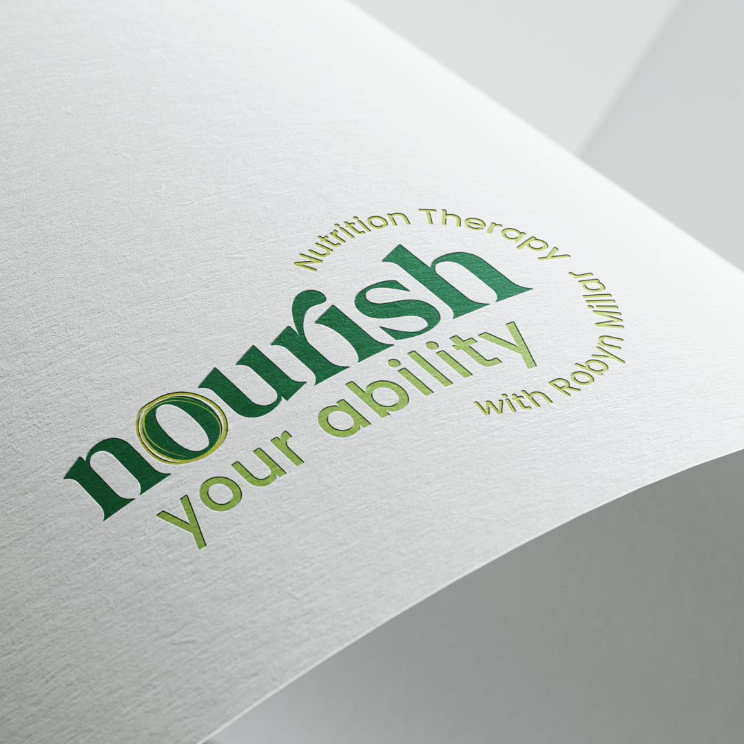 Nourish your Ability new logo with circle tagline 'Nutrition Therapy with Robyn Millar' printed on white card